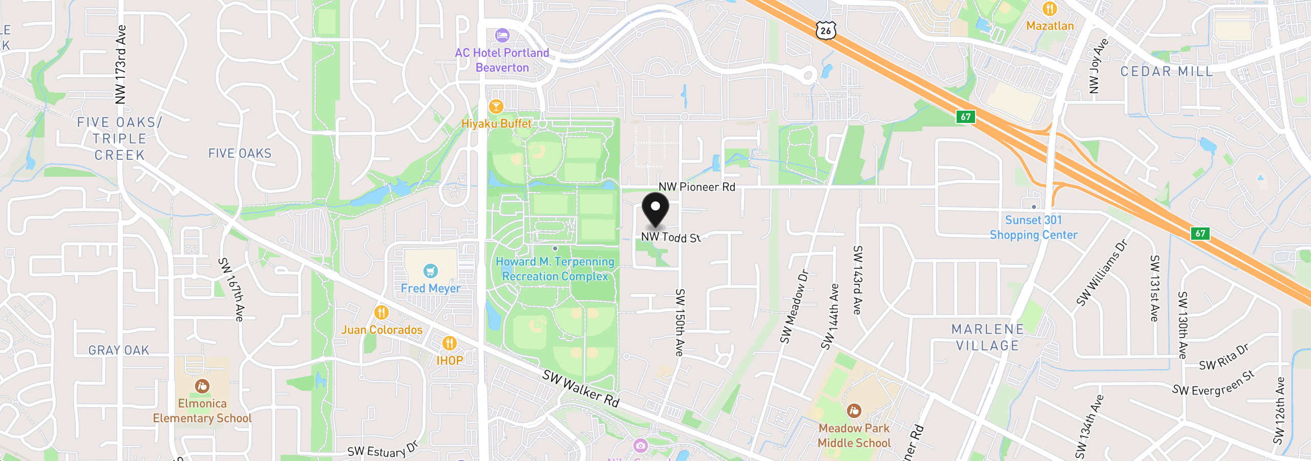 Map showing the location of 15109 NW Todd St, Beaverton, OR 97006