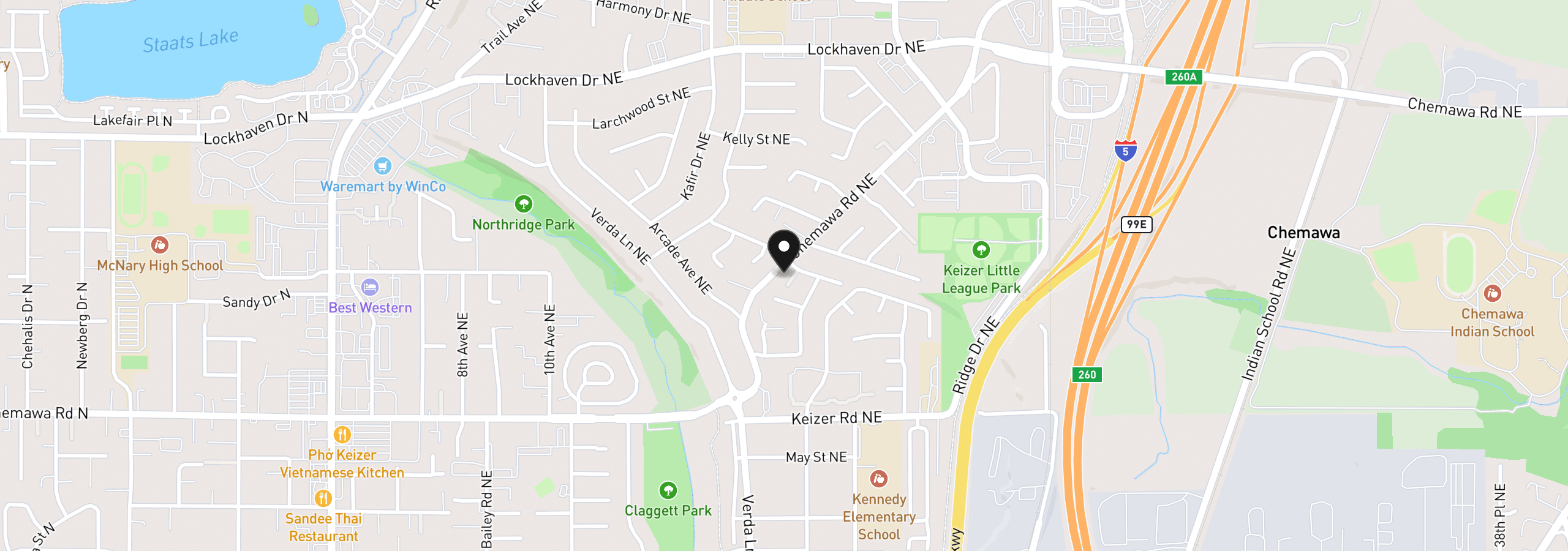 Map showing the location of 5255 Patrick Ln NE, Keizer, OR 97303