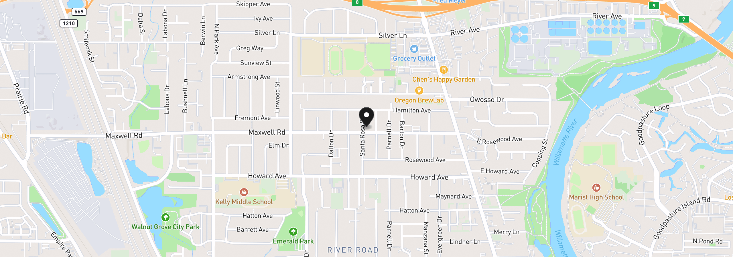 Map showing the location of 389 Maxwell Rd, Eugene, OR 97404