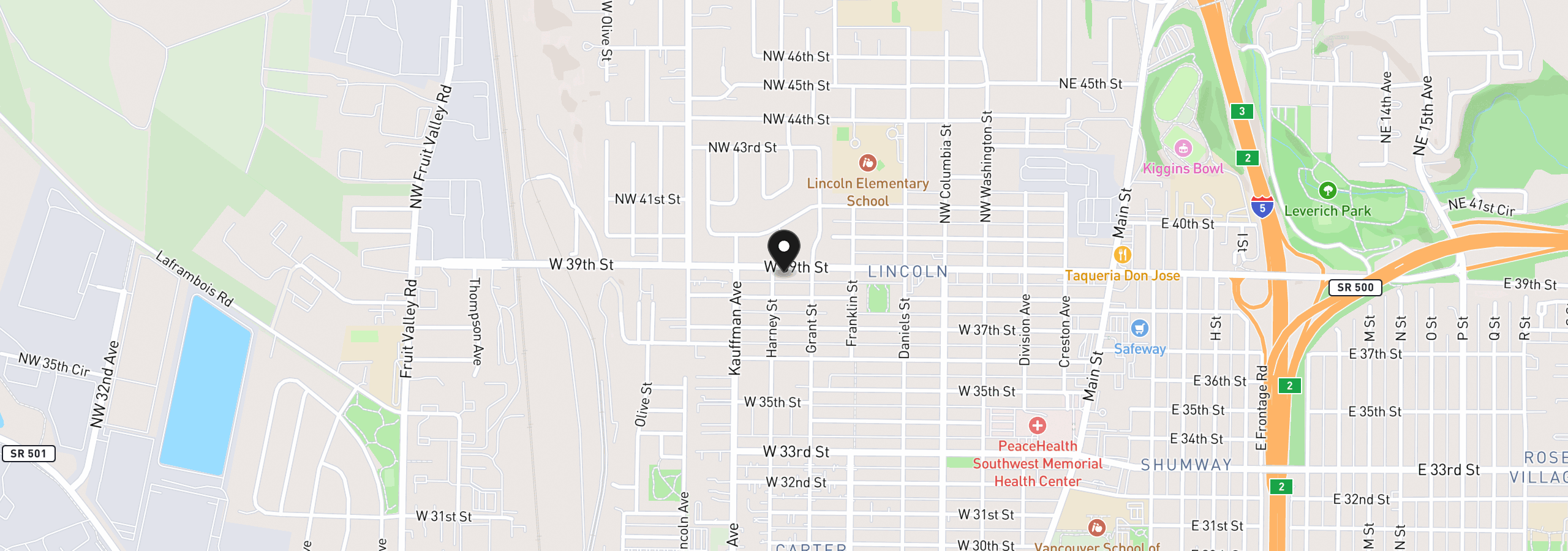 Map showing the location of 807 W 39th St, Vancouver, Wa 98660