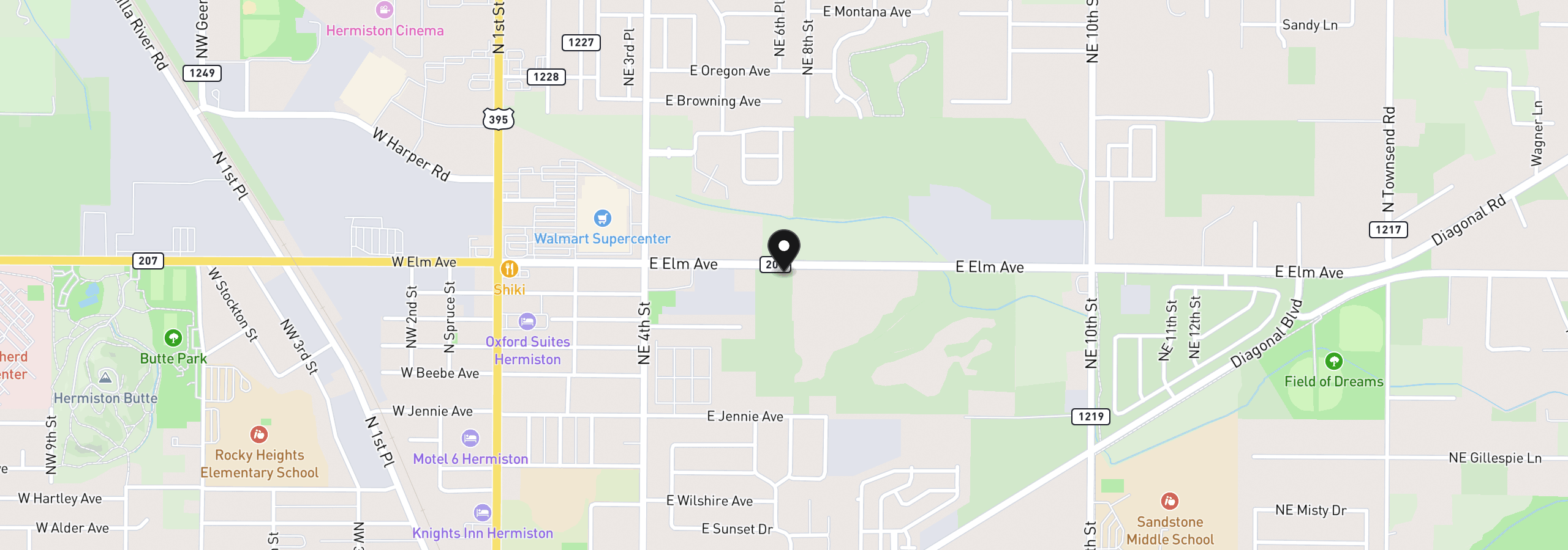 Map showing the location of E Elm, Hermiston, OR 97838