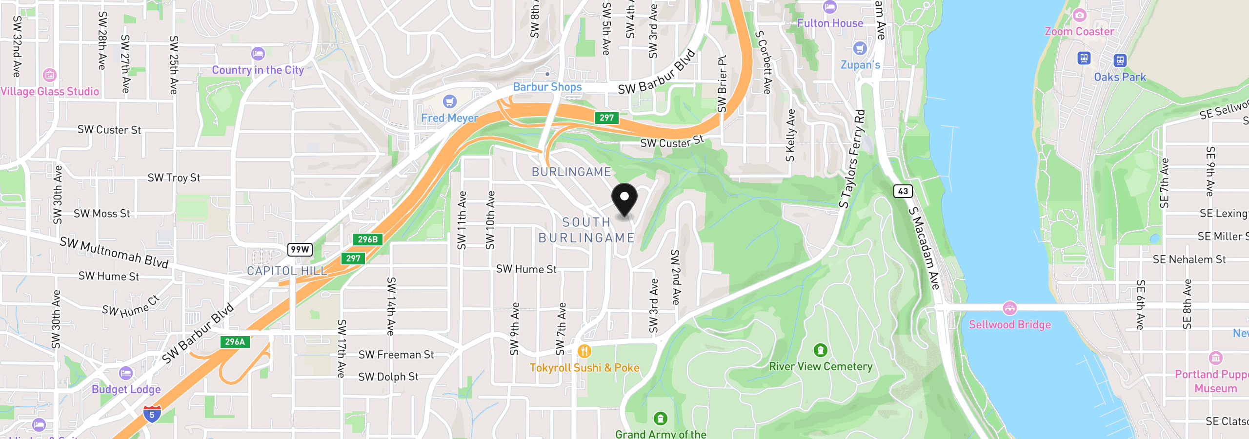 Map showing the location of 7955 SW 4th Ave, Portland, OR 97219
