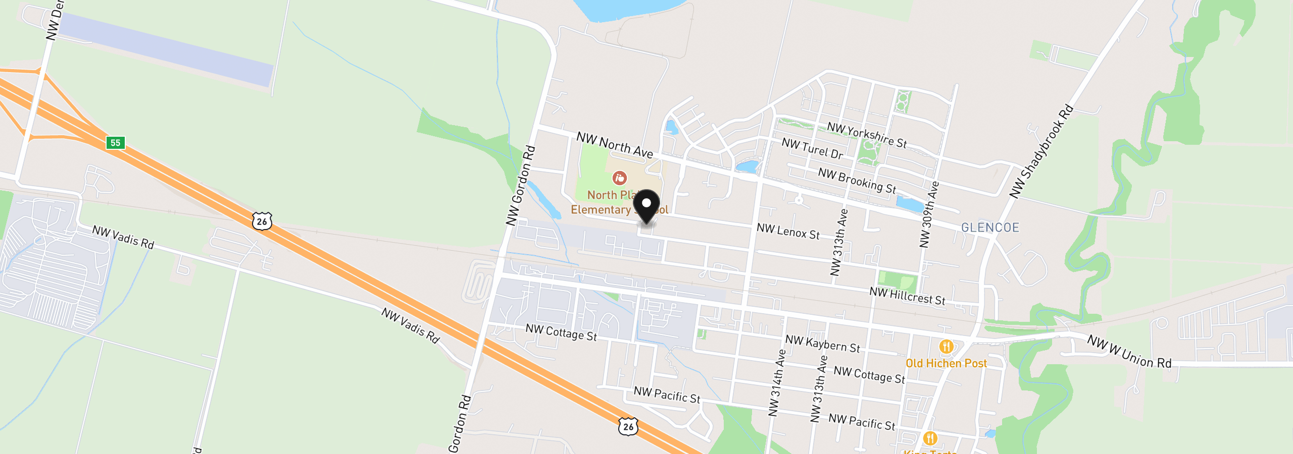 Map showing the location of 32010 NW Wascoe St, North Plains, OR 97133