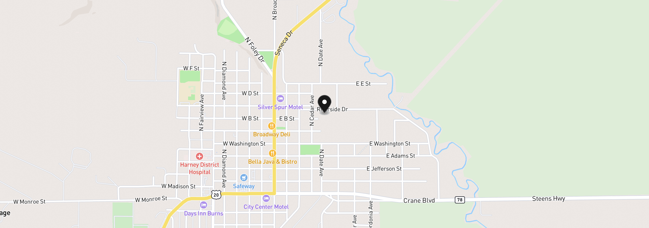 Map showing the location of 445 Riverside Dr, Burns, OR 97720