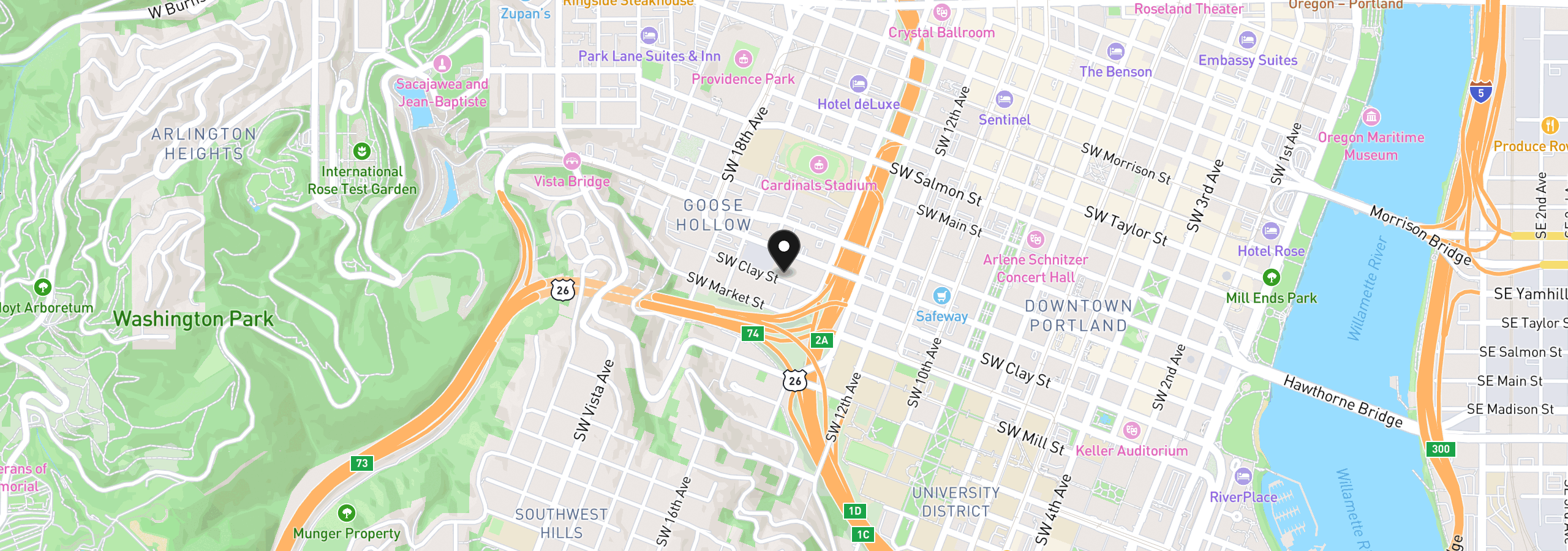 Map showing the location of 1535 SW Clay St 134, Portland, OR 97201