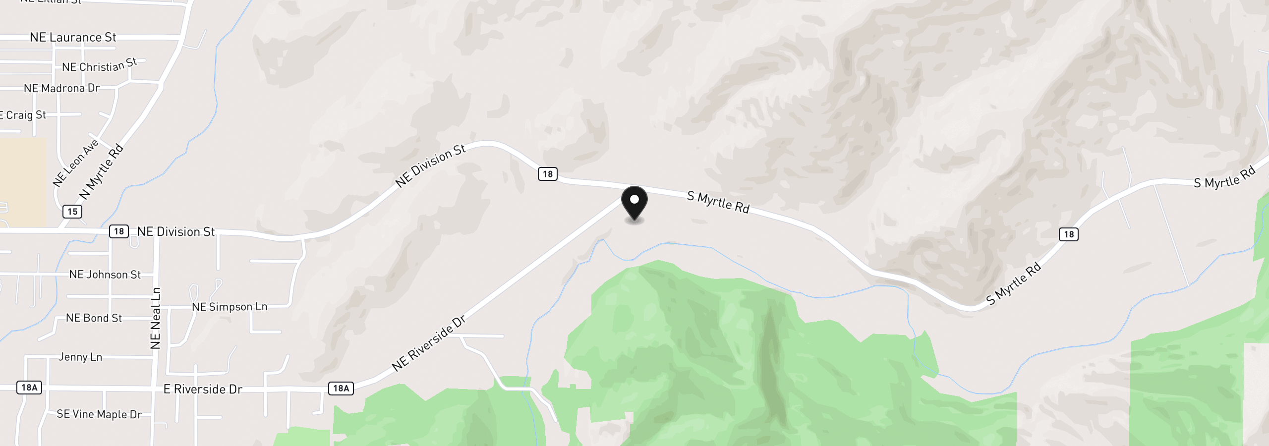 Map showing the location of 2233 Riverside Dr, Myrtle Creek, OR 97457