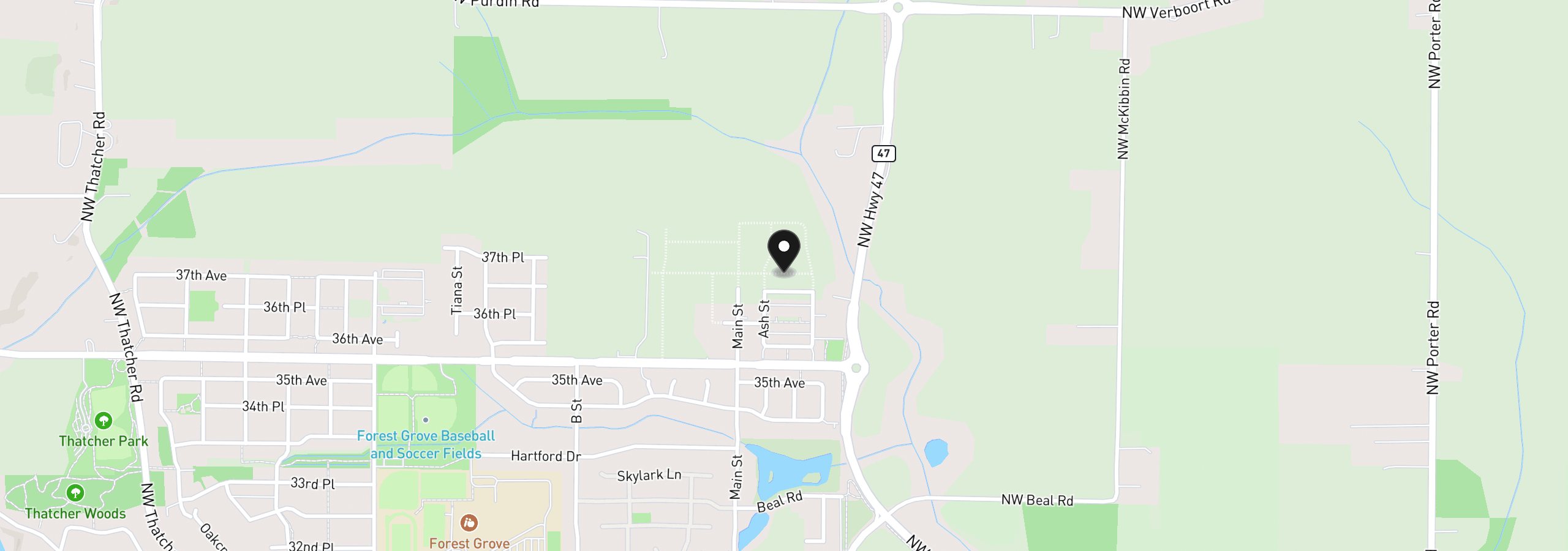 Map showing the location of 2133 37th Ave, Forest Grove, OR 97116