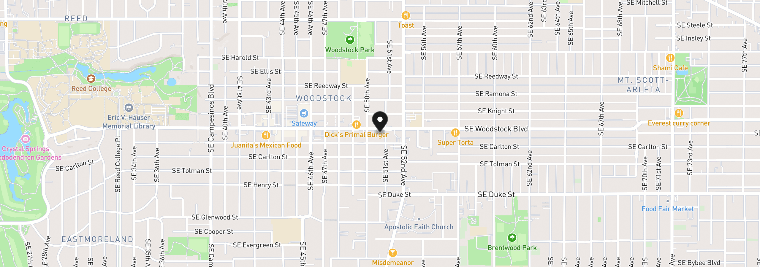 Map showing the location of 5080 SE Woodstock Blvd, Portland, OR 97206