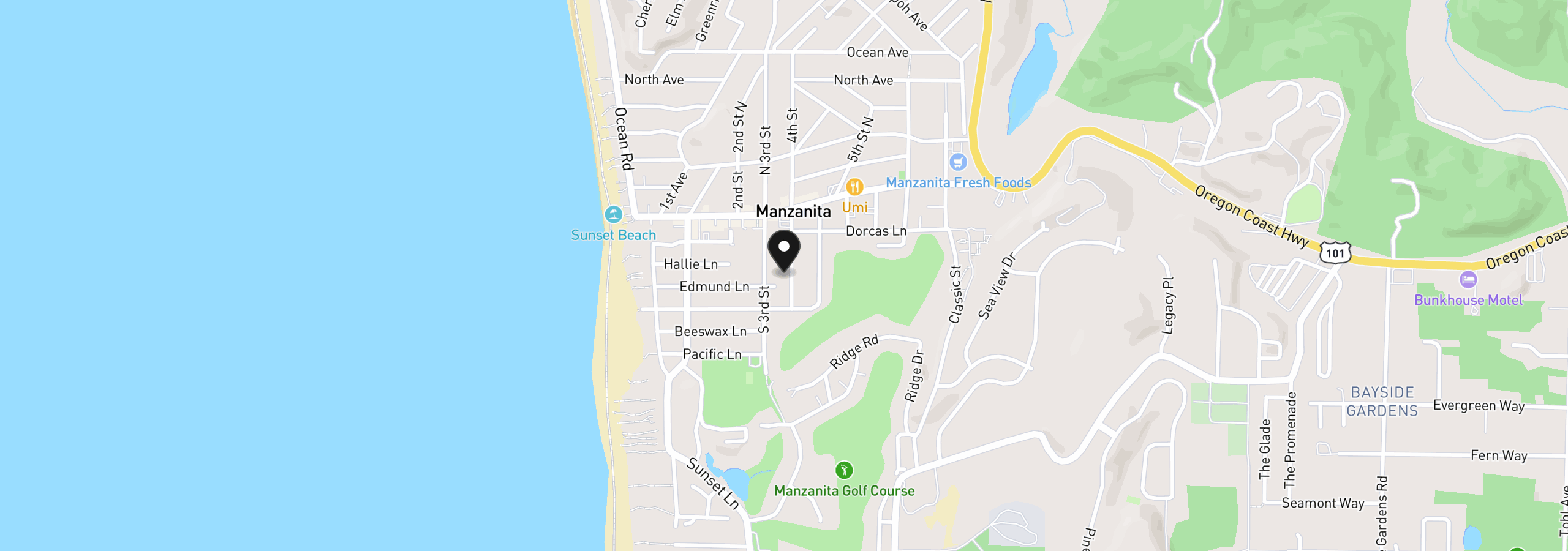 Map showing the location of 323 S Fourth St, Manzanita, OR 97130