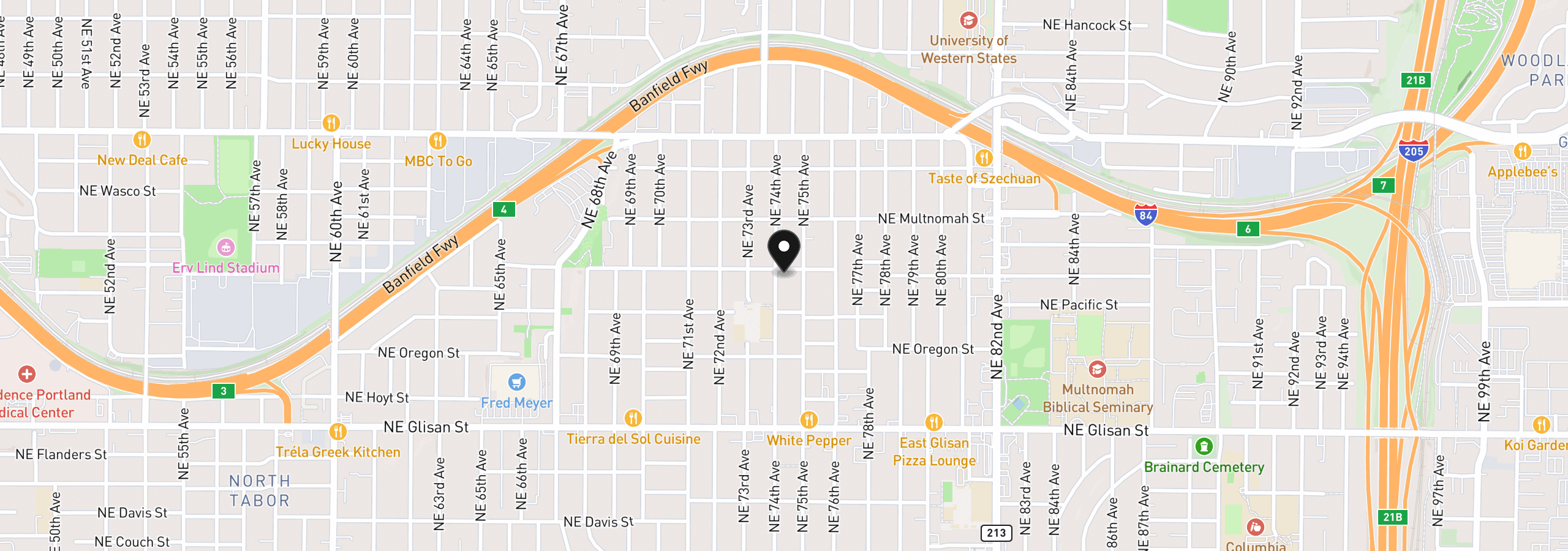 Map showing the location of 7404 NE Hassalo St, Portland, OR 97213