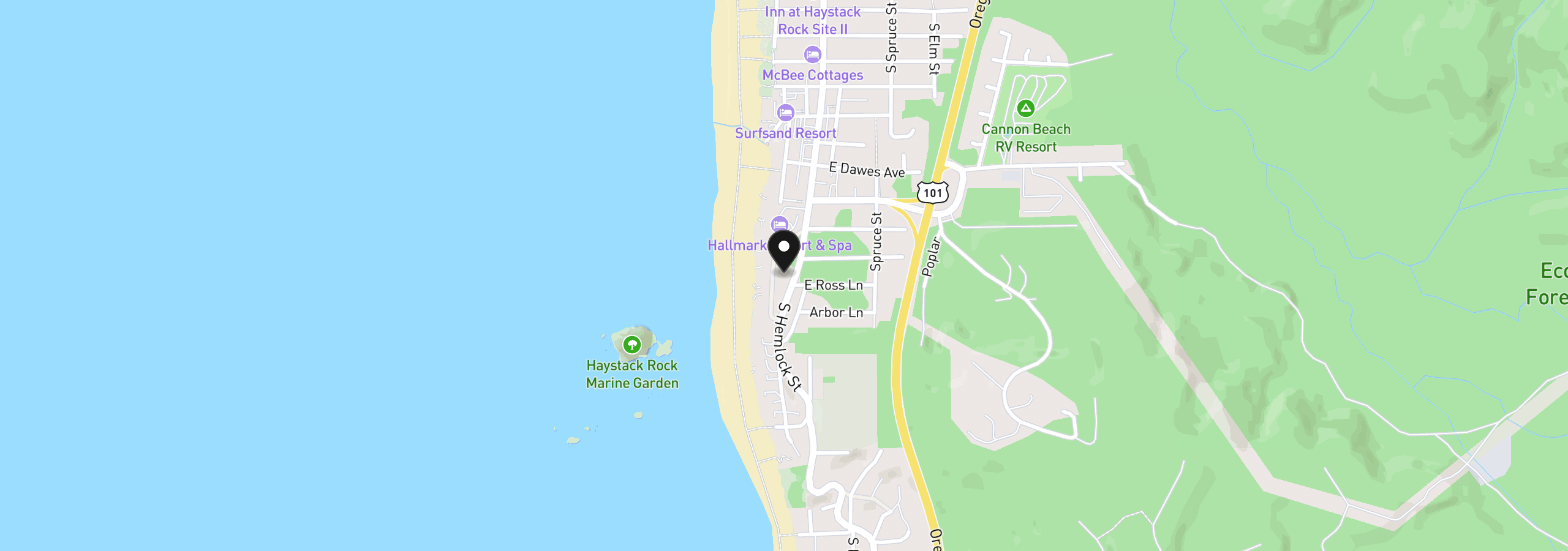 Map showing the location of 1625 Forest Lawn Rd 4105, Cannon Beach, OR 97110