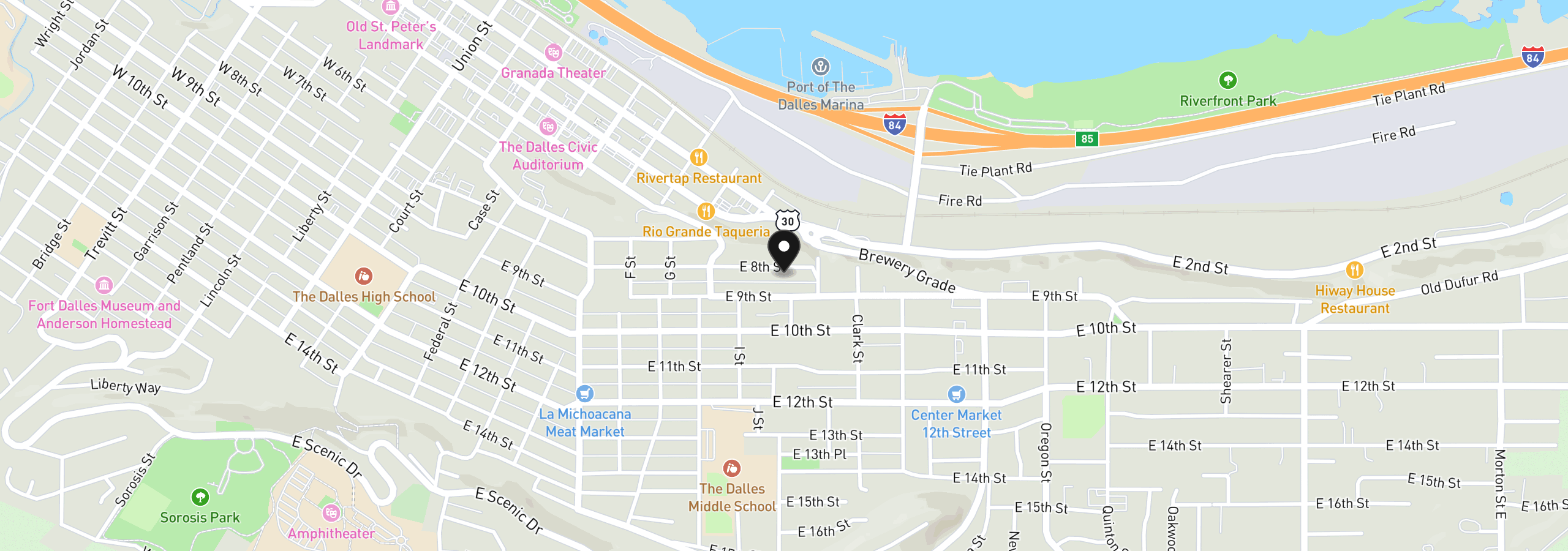 Map showing the location of 1224 E 8th St, The Dalles, OR 97058