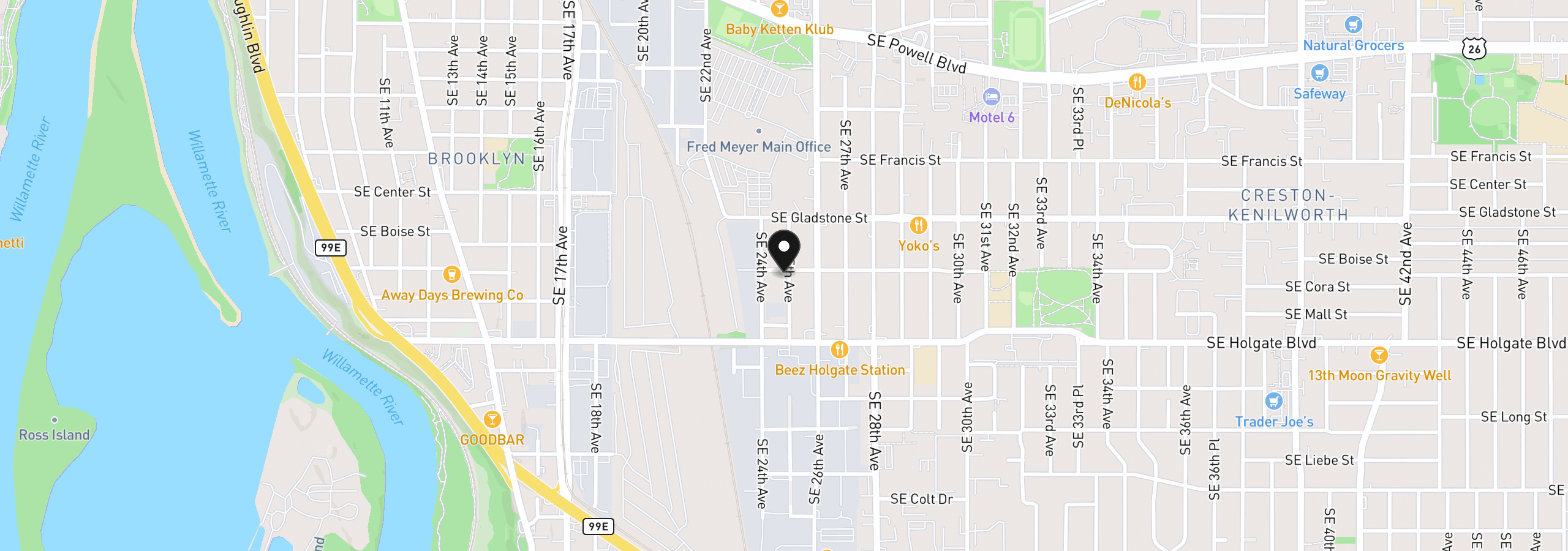 Map showing the location of 2458 SE Cora St, Portland, OR 97202