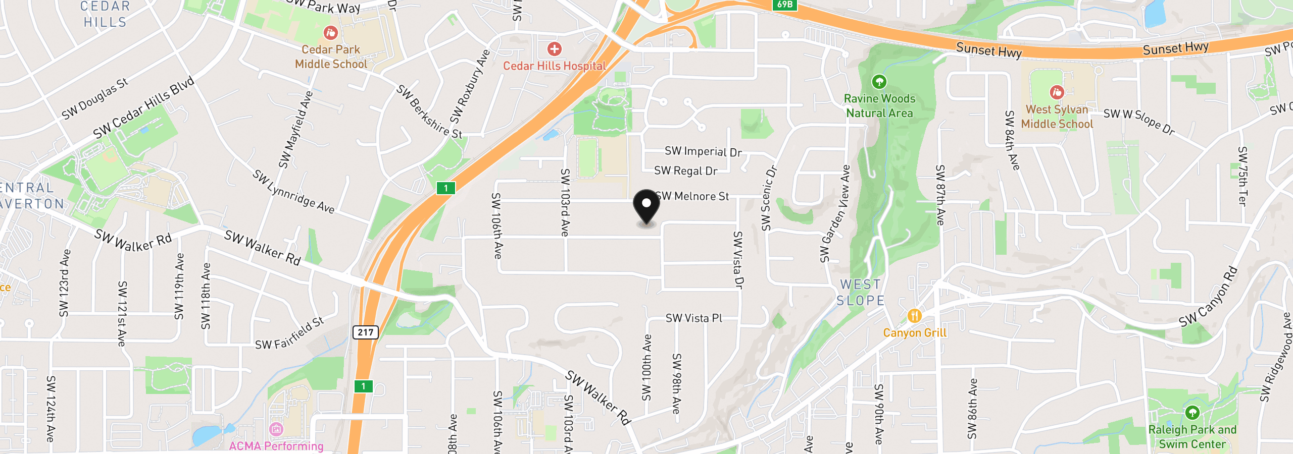 Map showing the location of 9945 SW Hawthorne Ln, Portland, OR 97225