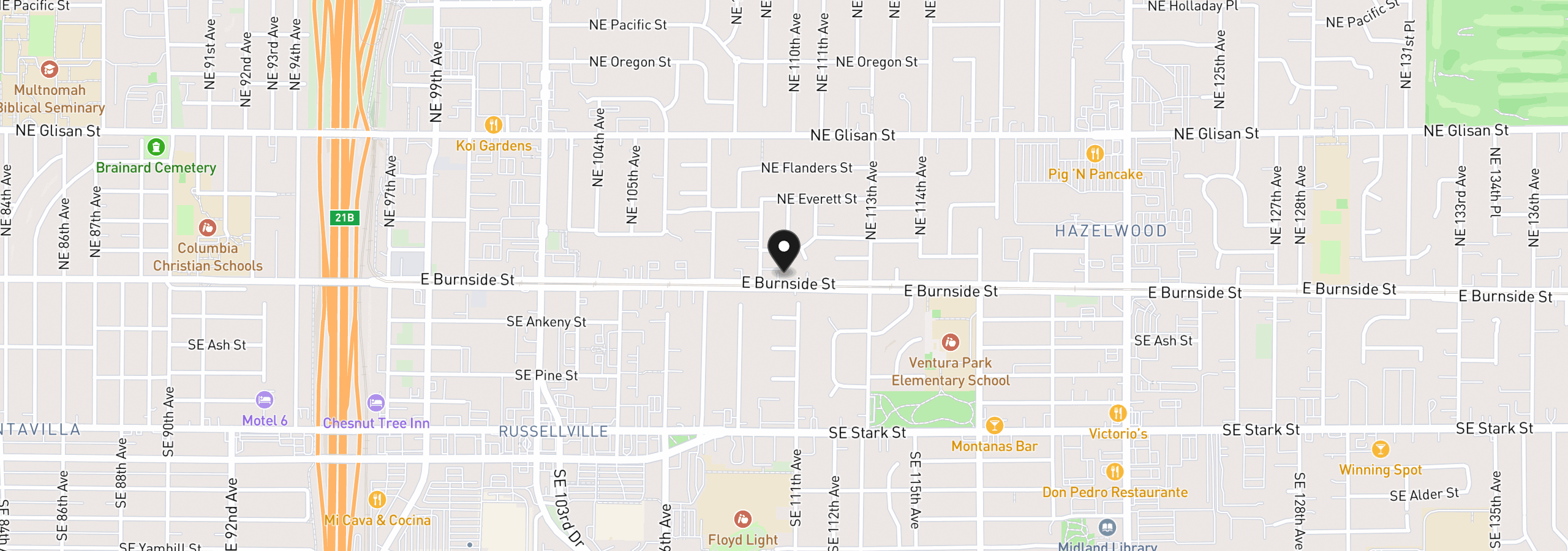 Map showing the location of 10985 E Burnside St 9, Portland, OR 97216