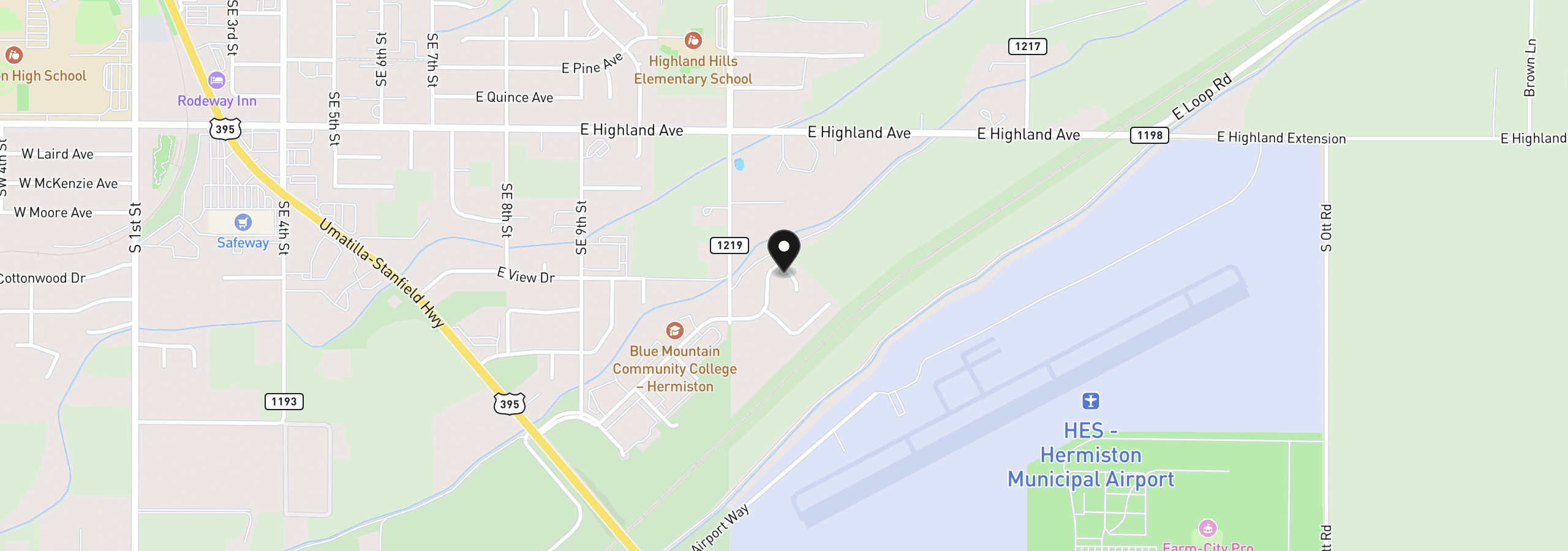 Map showing the location of 1102 SE Columbia Dr, Hermiston, OR 97838
