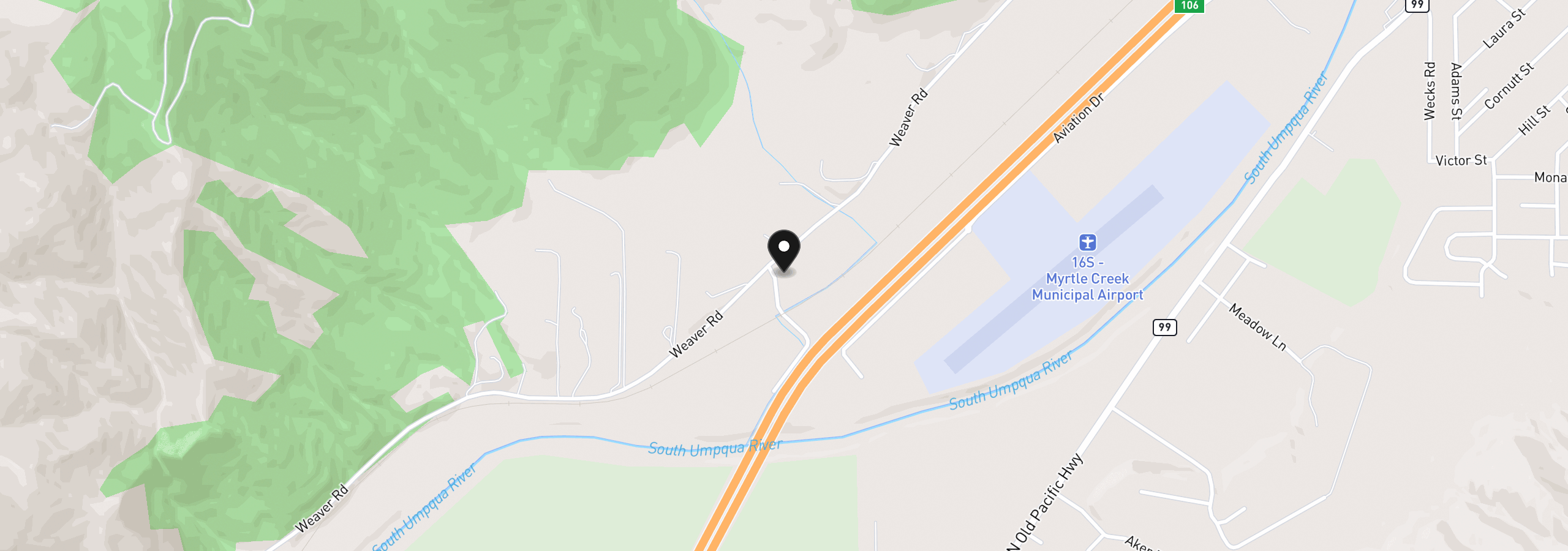 Map showing the location of 128 Market Ln, Myrtle Creek, OR 97457