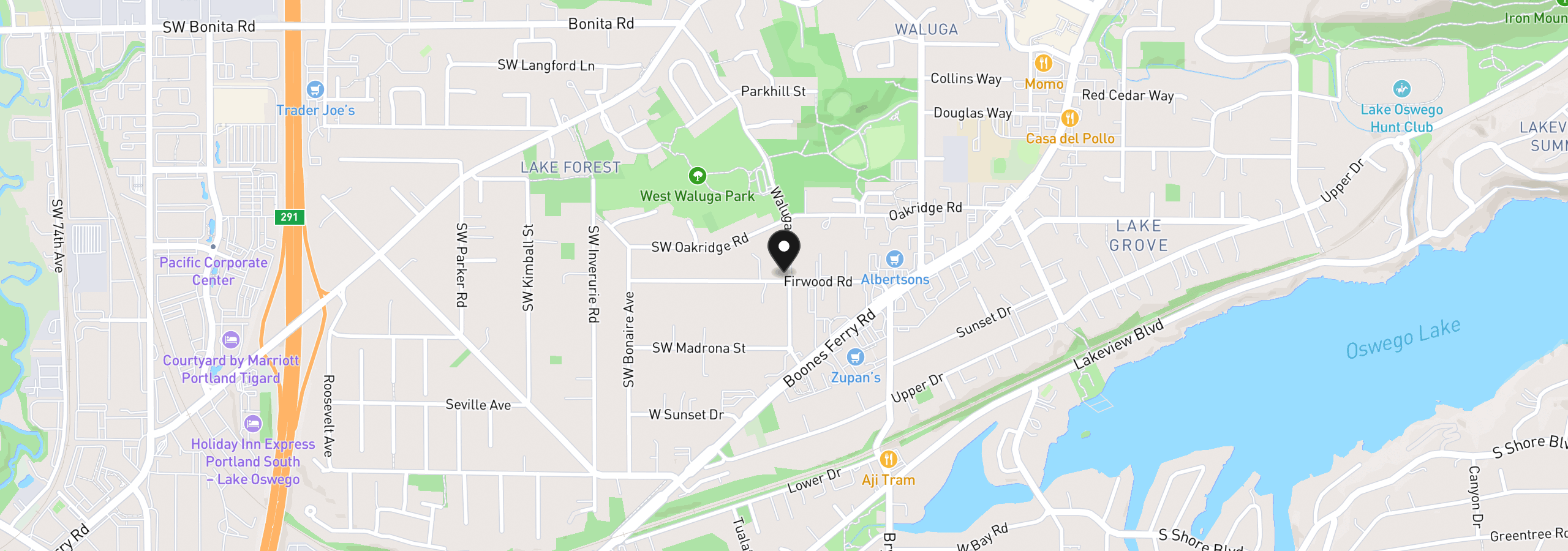 Map showing the location of 16061 Waluga Dr, Lake Oswego, OR 97035