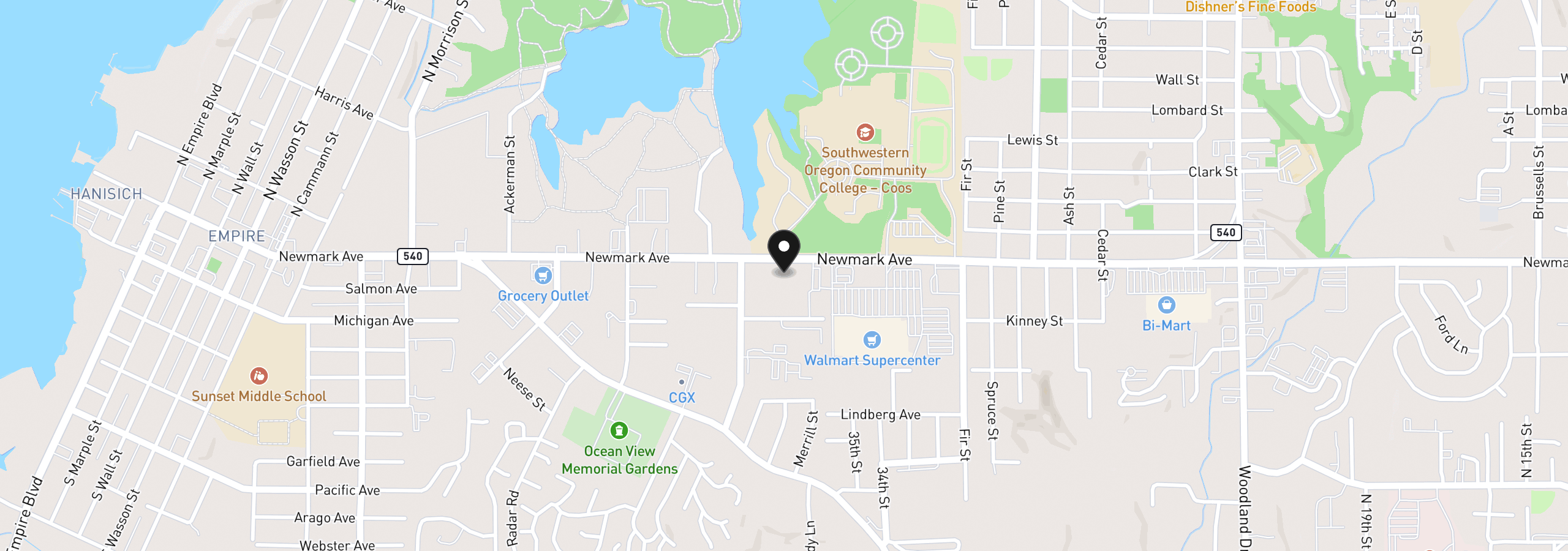 Map showing the location of 0 Newmark Ave, Coos Bay, OR 97420