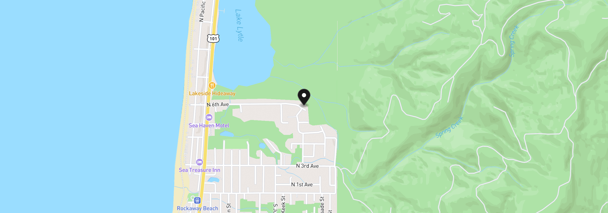Map showing the location of N Timberlake St, Rockaway Beach, OR 97136