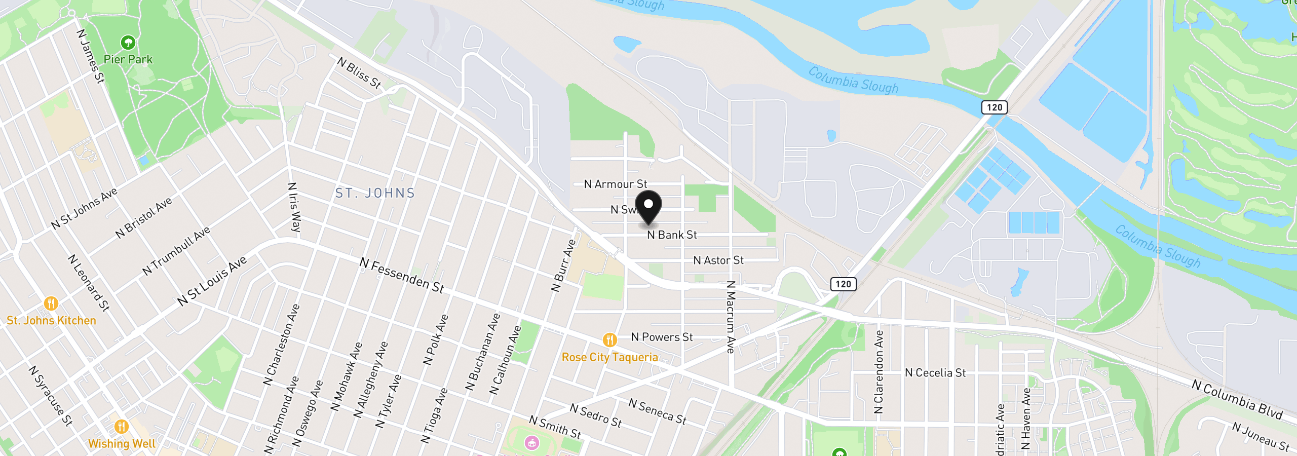 Map showing the location of 6921 N Bank St, Portland, OR 97203