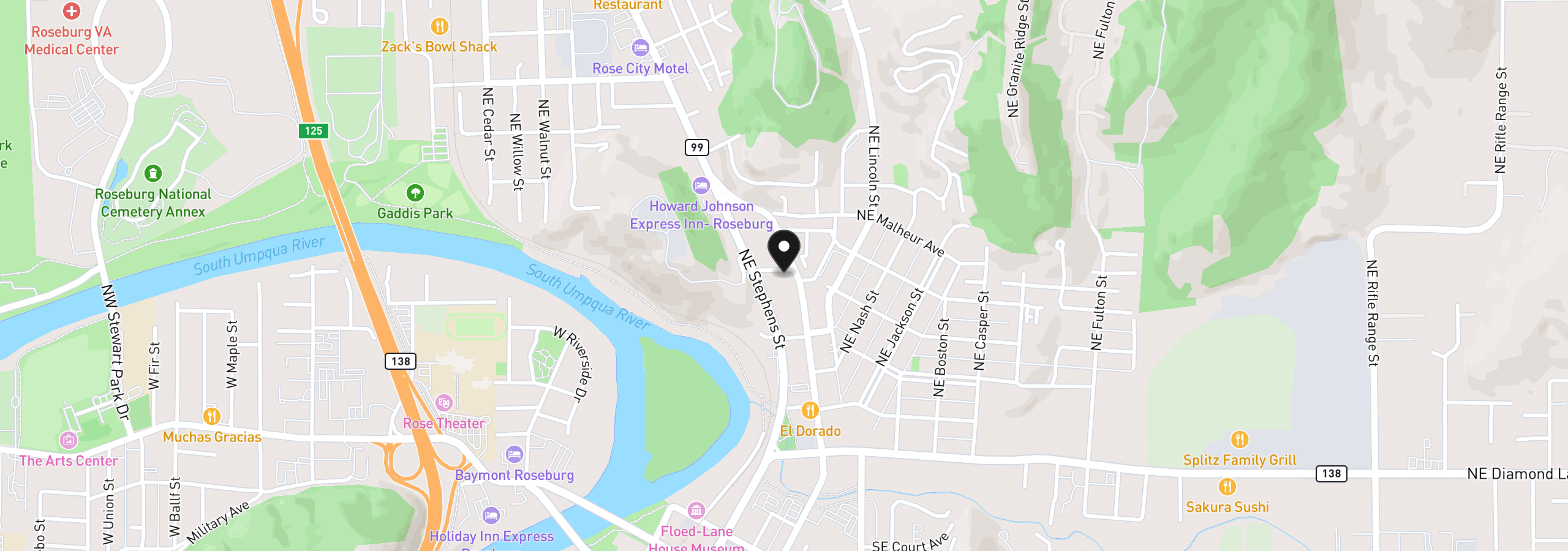 Map showing the location of 598 NE Winchester St, Roseburg, OR 97470