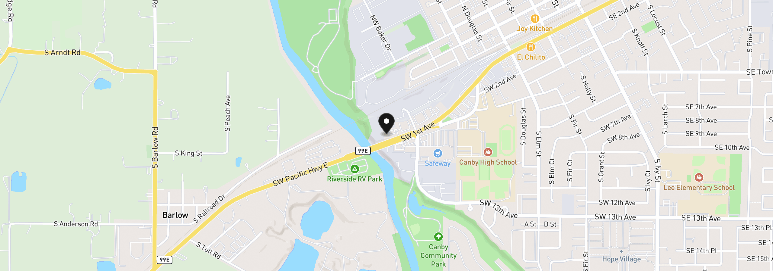 Map showing the location of 1198 SW 1st Ave, Canby, OR 97013