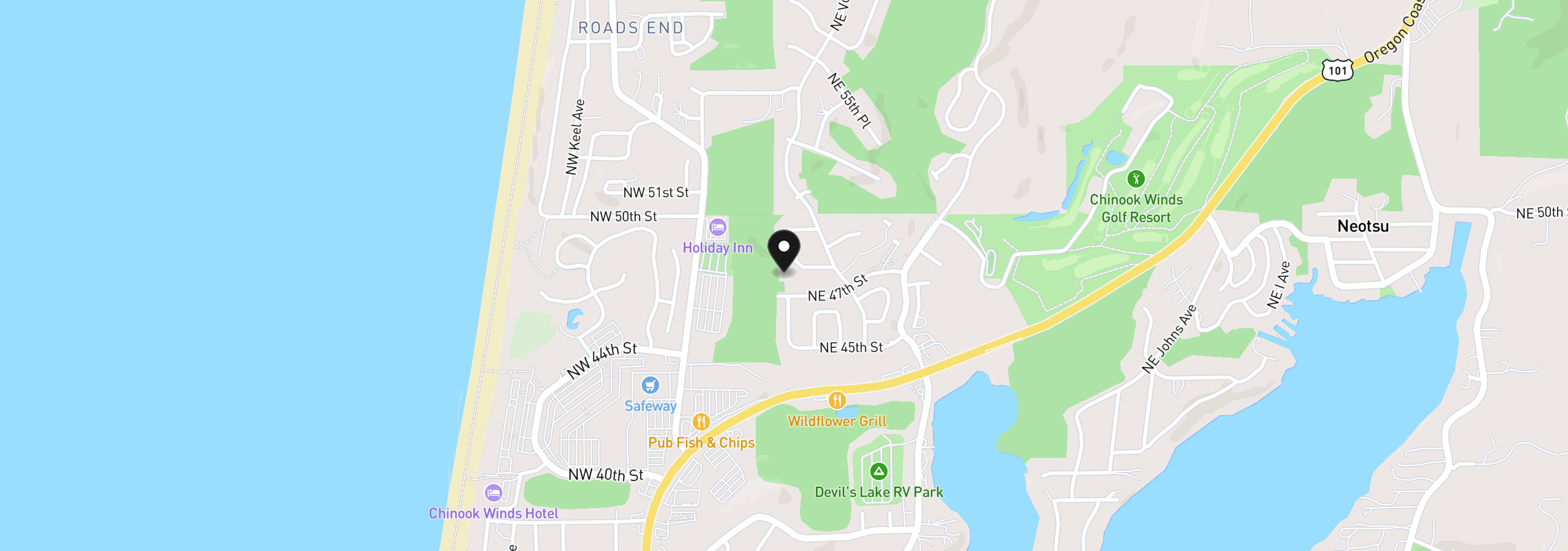 Map showing the location of 2470 NE Voyage Loop, Lincoln City, OR 97367