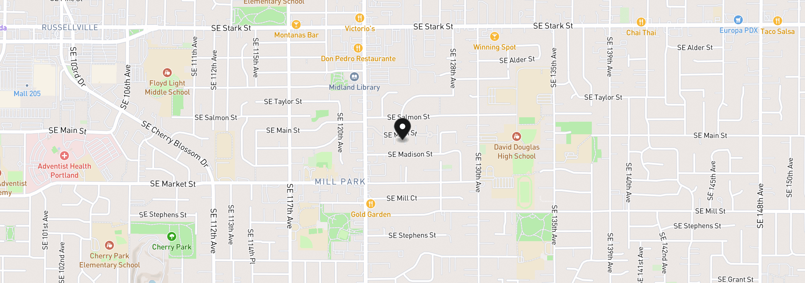 Map showing the location of 12410 SE Main St, Portland, OR 97233
