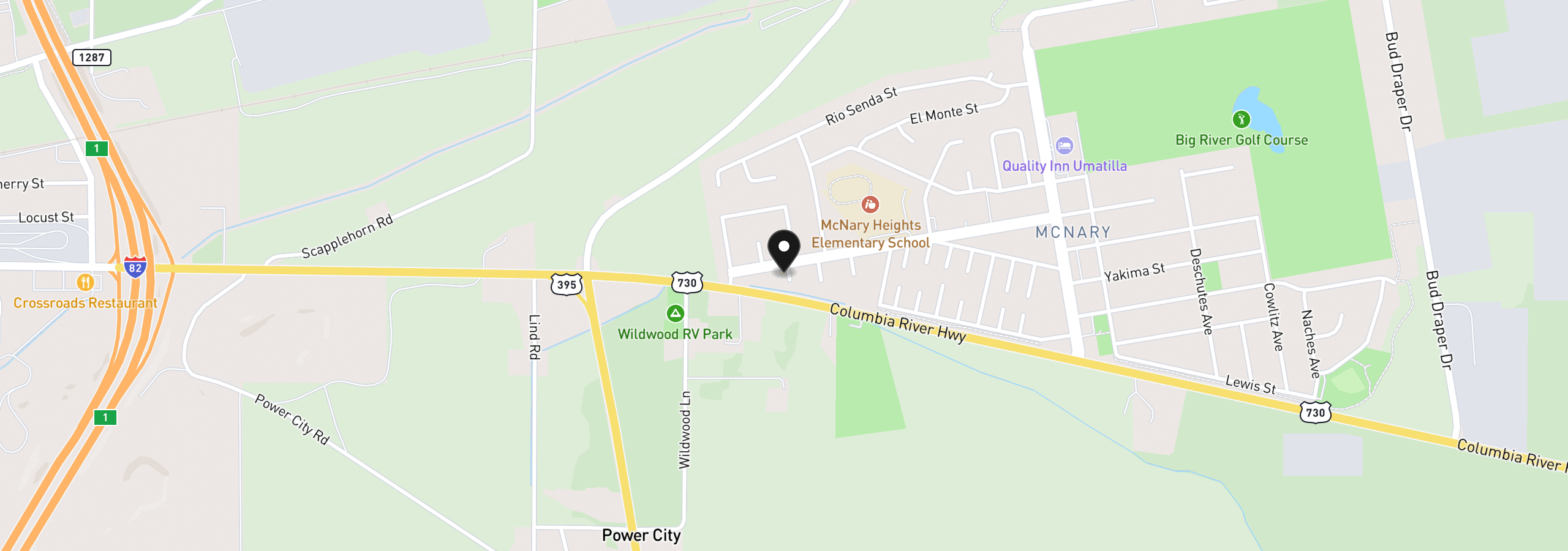 Map showing the location of 33 Covina Ct, Umatilla, OR 97882