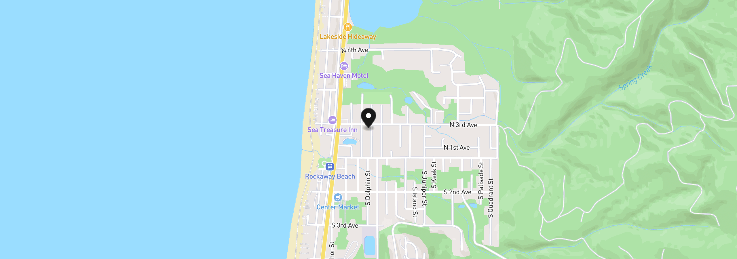 Map showing the location of 285 N Dolphin St, Rockaway Beach, OR 97136
