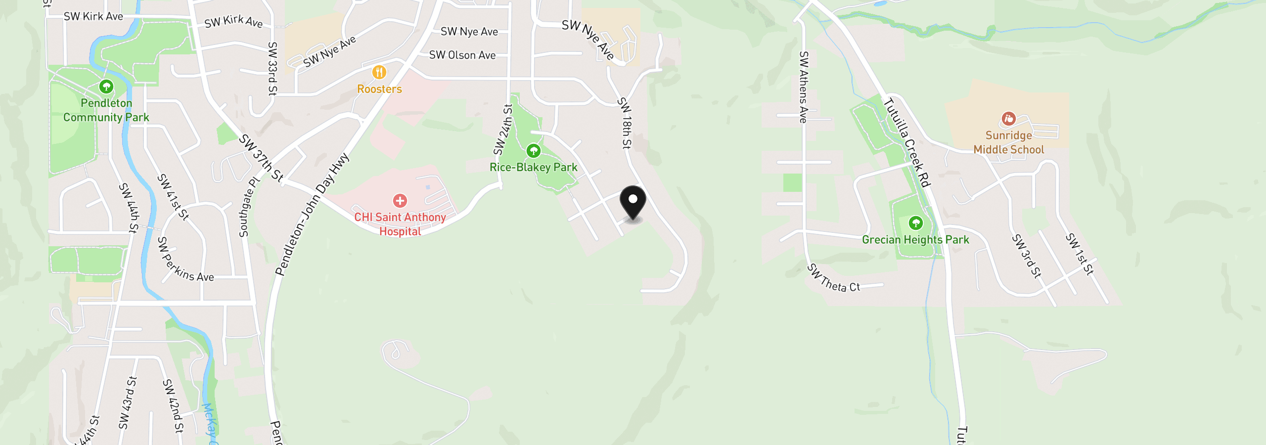 Map showing the location of SW Quinney Ln, Pendleton, OR 97801