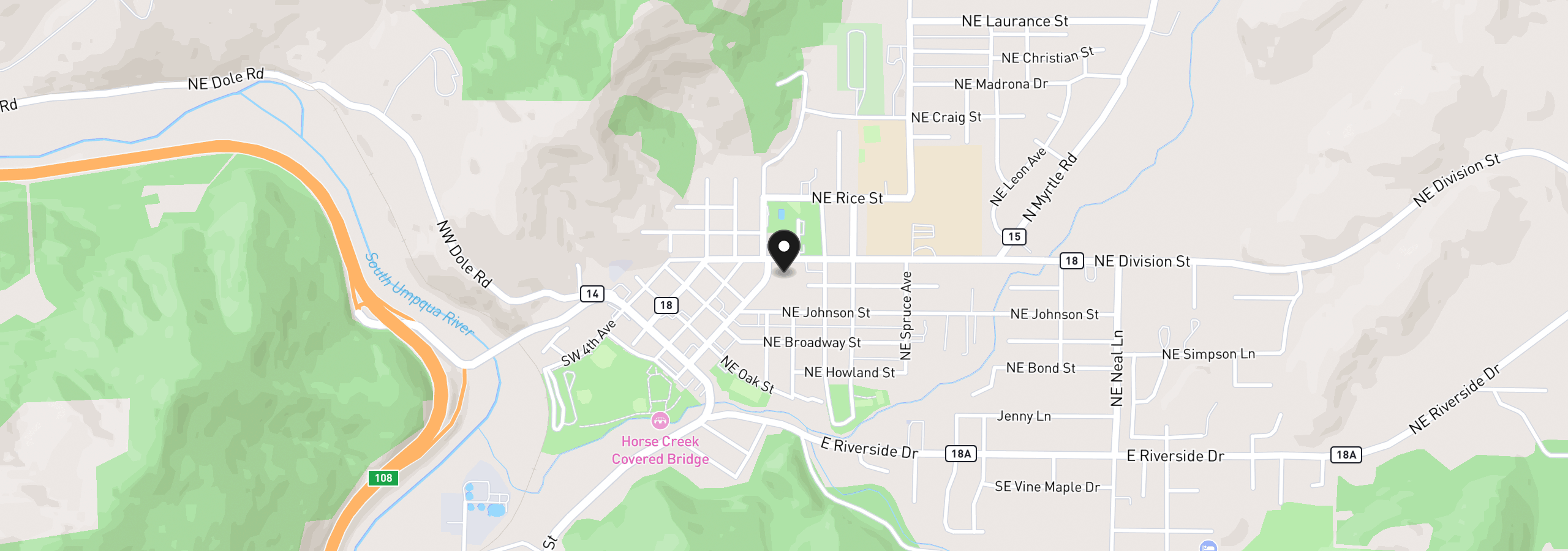 Map showing the location of 186 NE Division St, Myrtle Creek, OR 97457