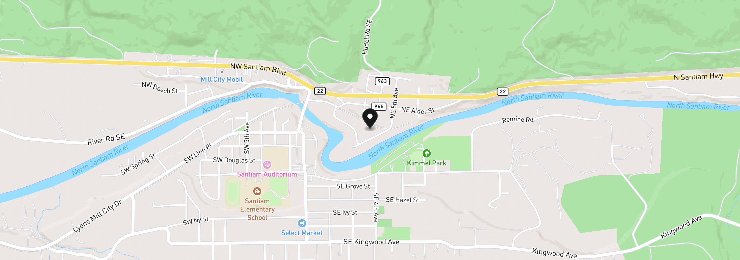 Map showing the location of 315 Santiam Pointe Loop, Mill City, OR 97360