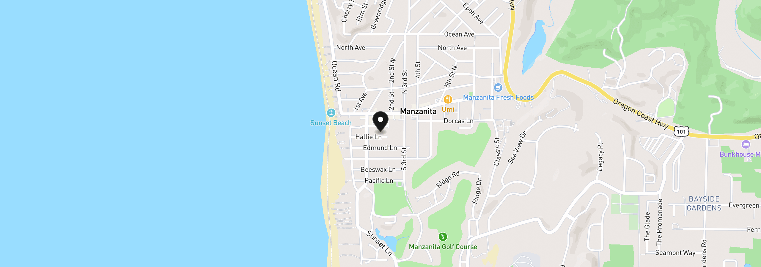 Map showing the location of 171 Hallie Ln, Manzanita, OR 97130