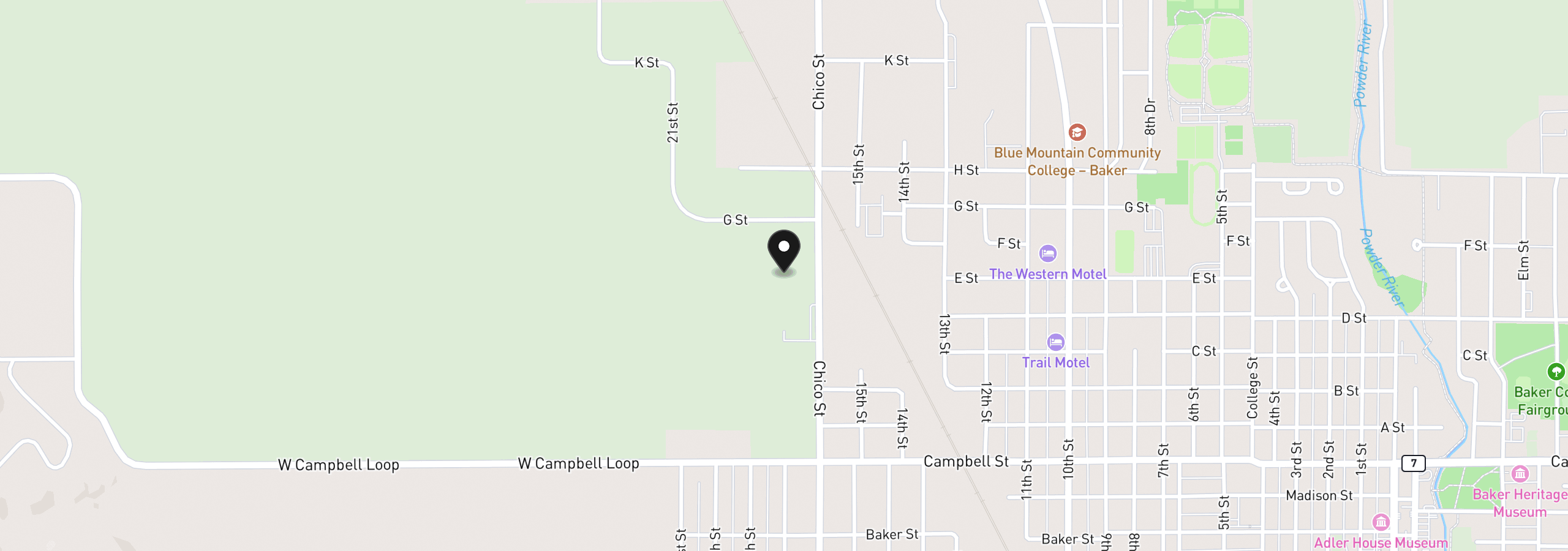 Map showing the location of 3 E St, Baker City, OR 97814