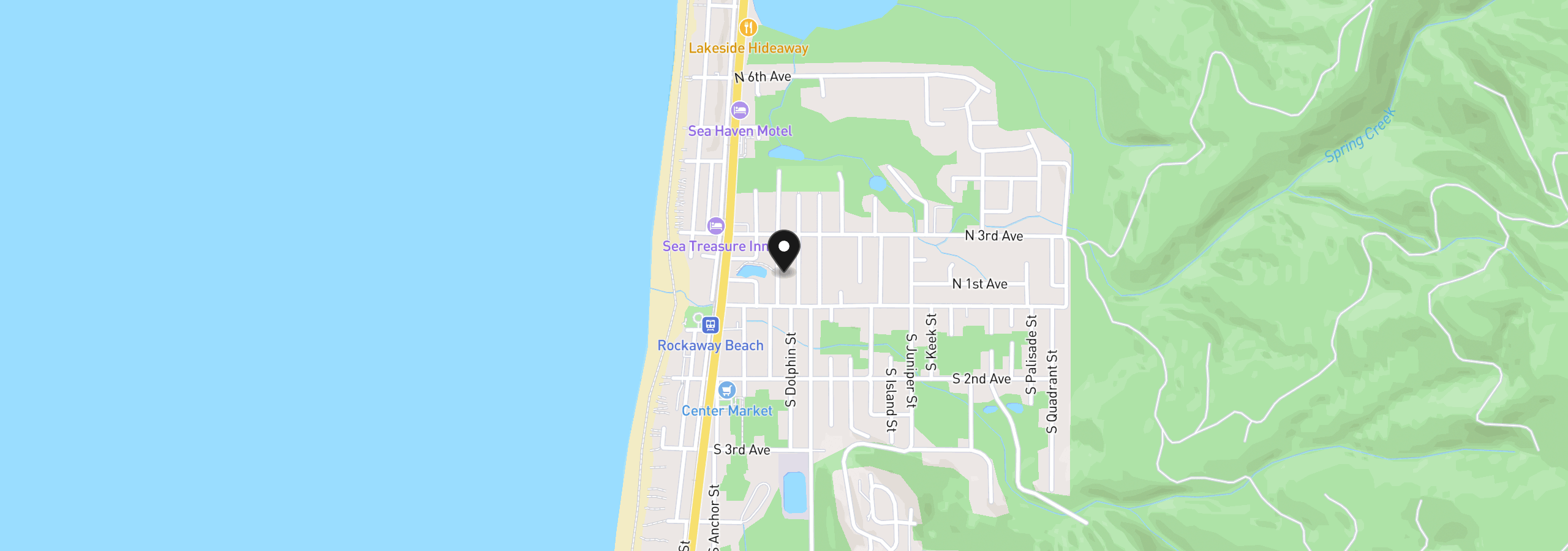 Map showing the location of 140 N Coral St, Rockaway Beach, OR 97136