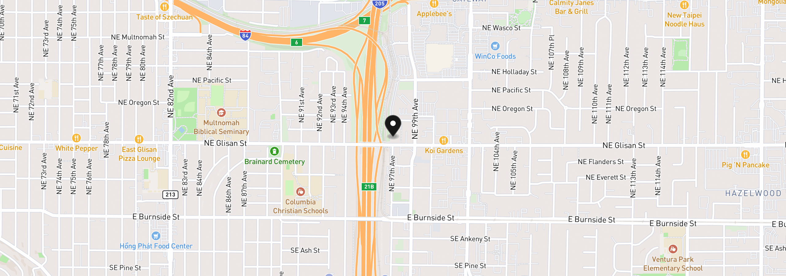 Map showing the location of 9715 NE Glisan St, Portland, OR 97220