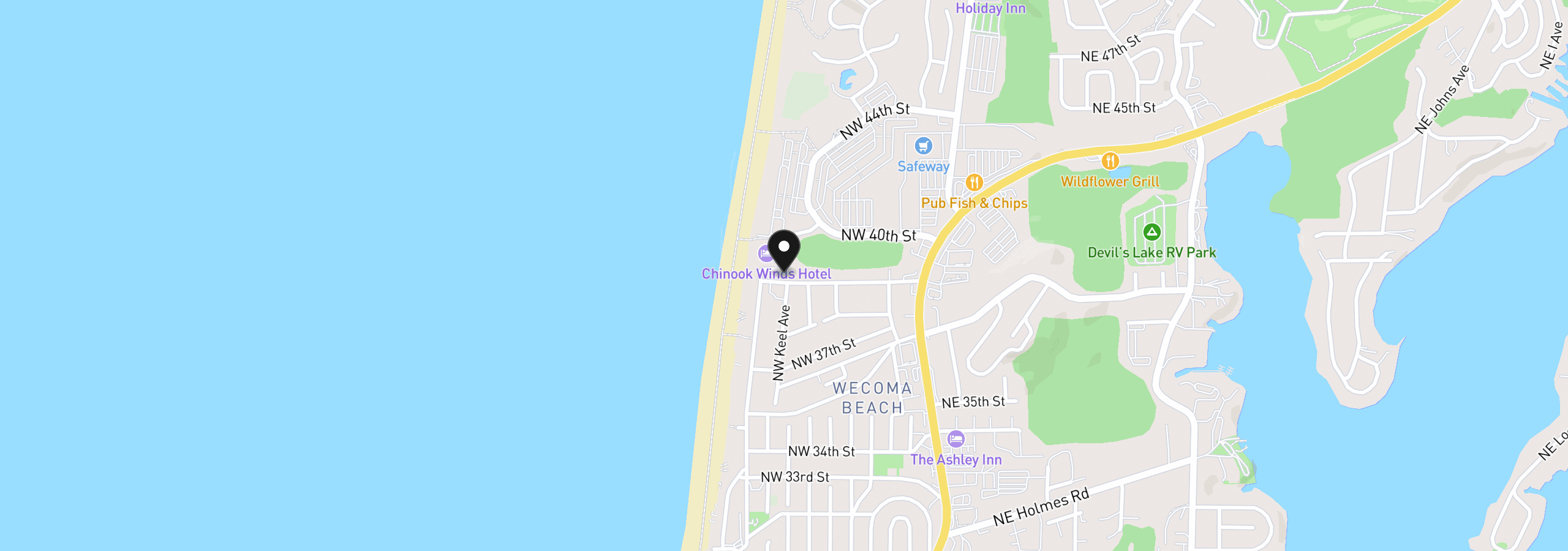 Map showing the location of 1587 NW 39th St, Lincoln City, OR 97367