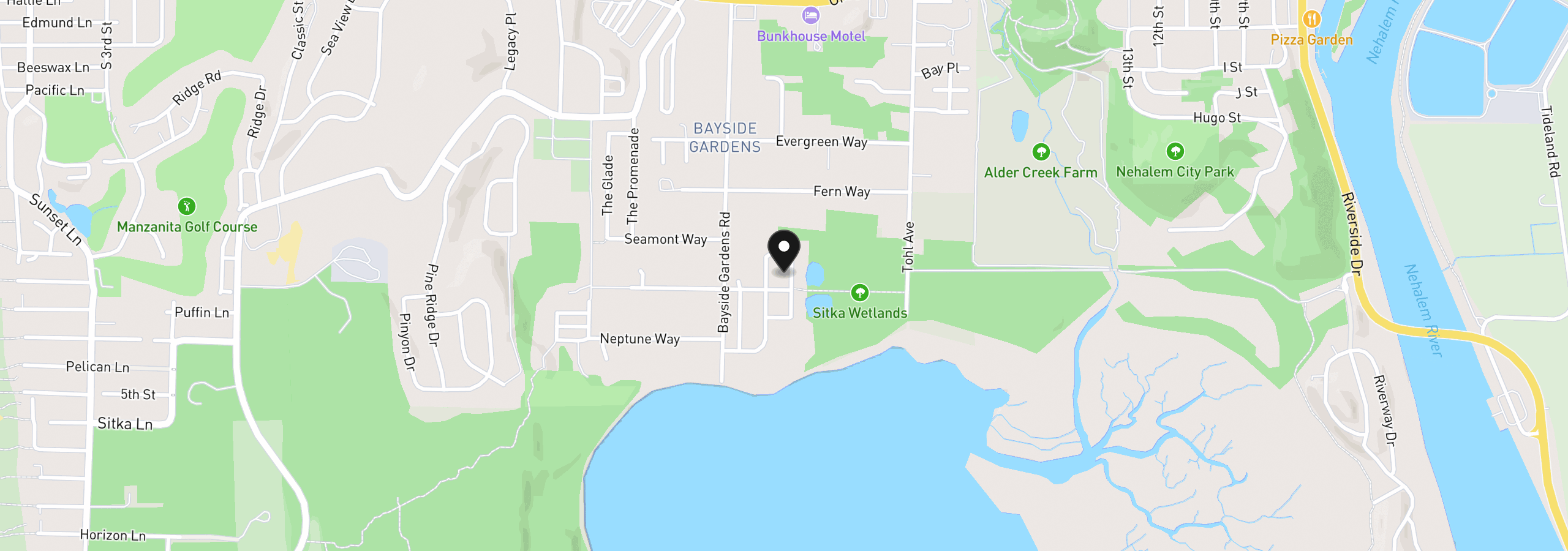Map showing the location of 34070 Wood Duck Ave, Nehalem, OR 97131
