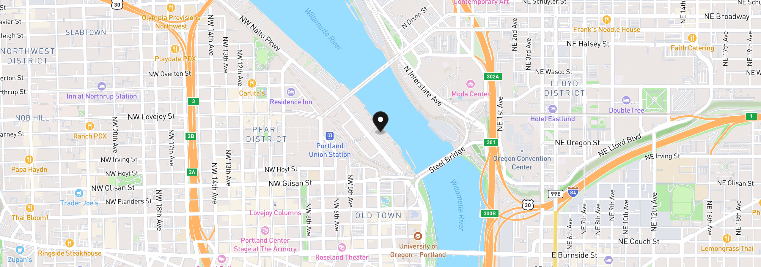 Map showing the location of 810 NW Naito Pkwy F11, Portland, OR 97209