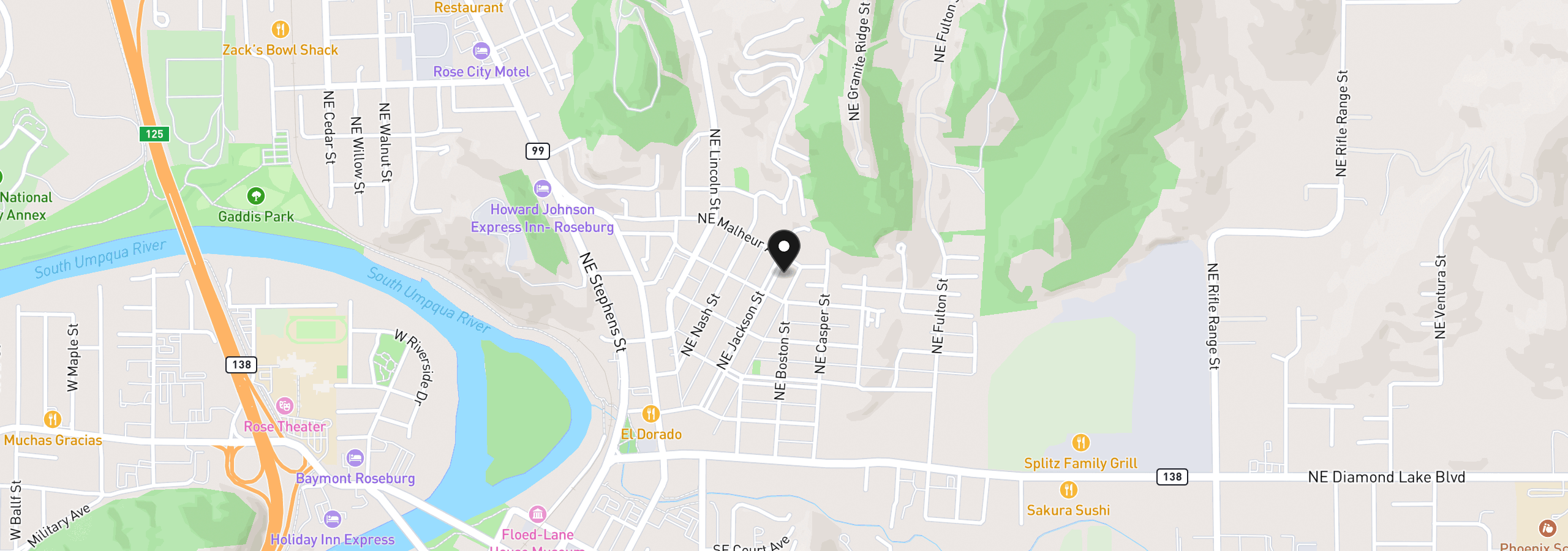 Map showing the location of 747 NE Jackson St, Roseburg, OR 97470
