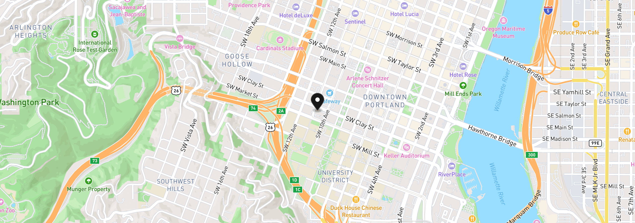 Map showing the location of 1500 SW 11th Ave 2105, Portland, OR 97201