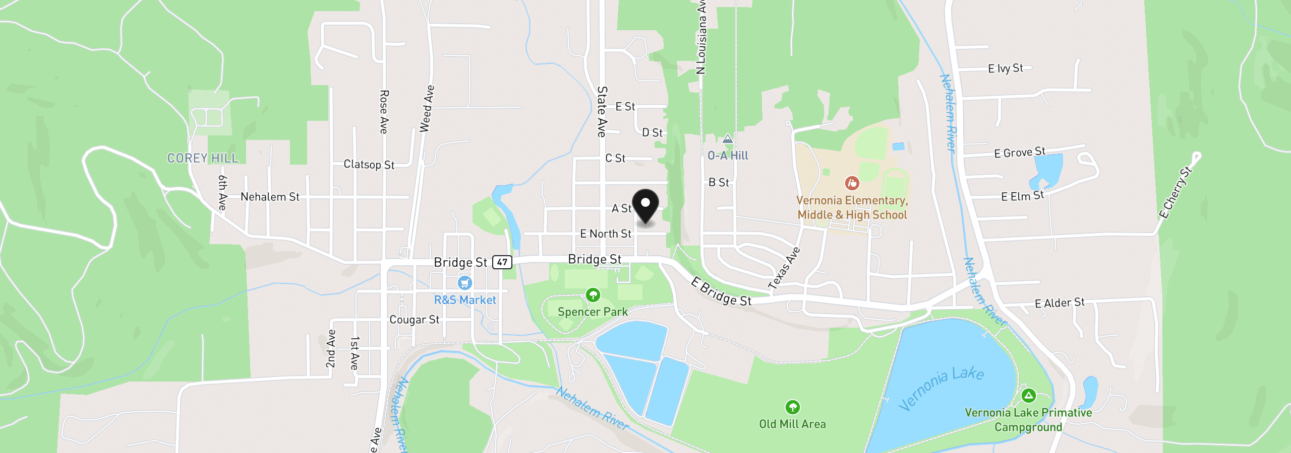 Map showing the location of 176 North St, Vernonia, OR 97064