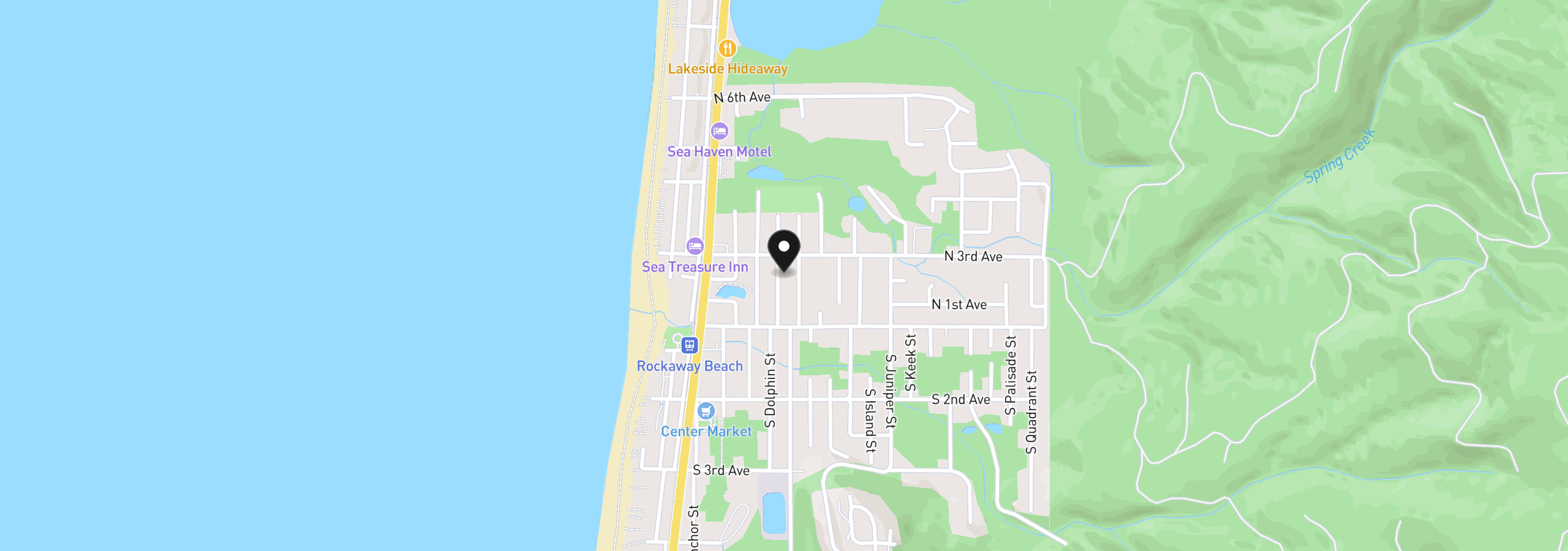 Map showing the location of 270 N Dolphin St, Rockaway Beach, OR 97136