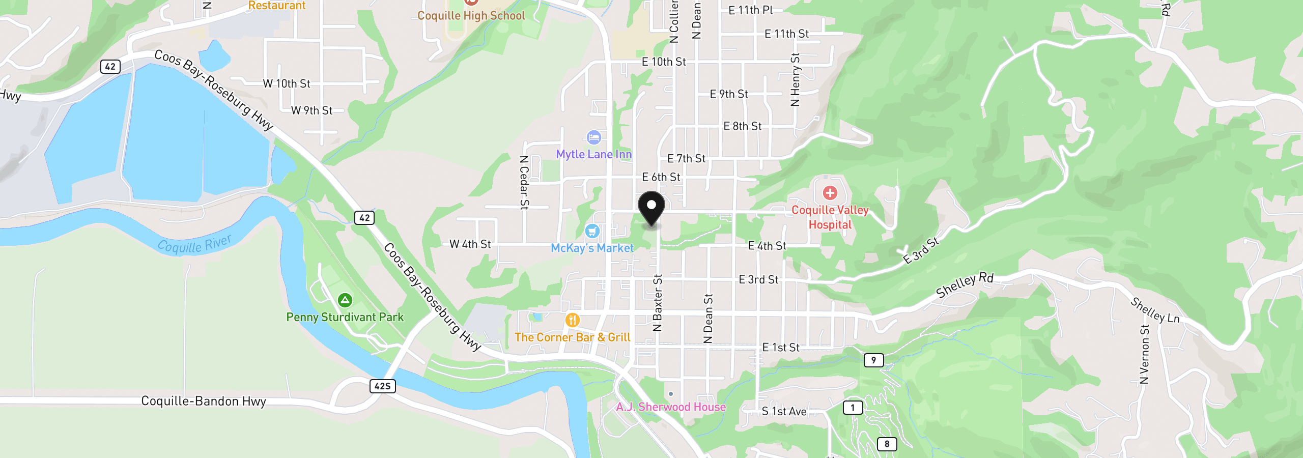 Map showing the location of 481 N Baxter St, Coquille, OR 97423