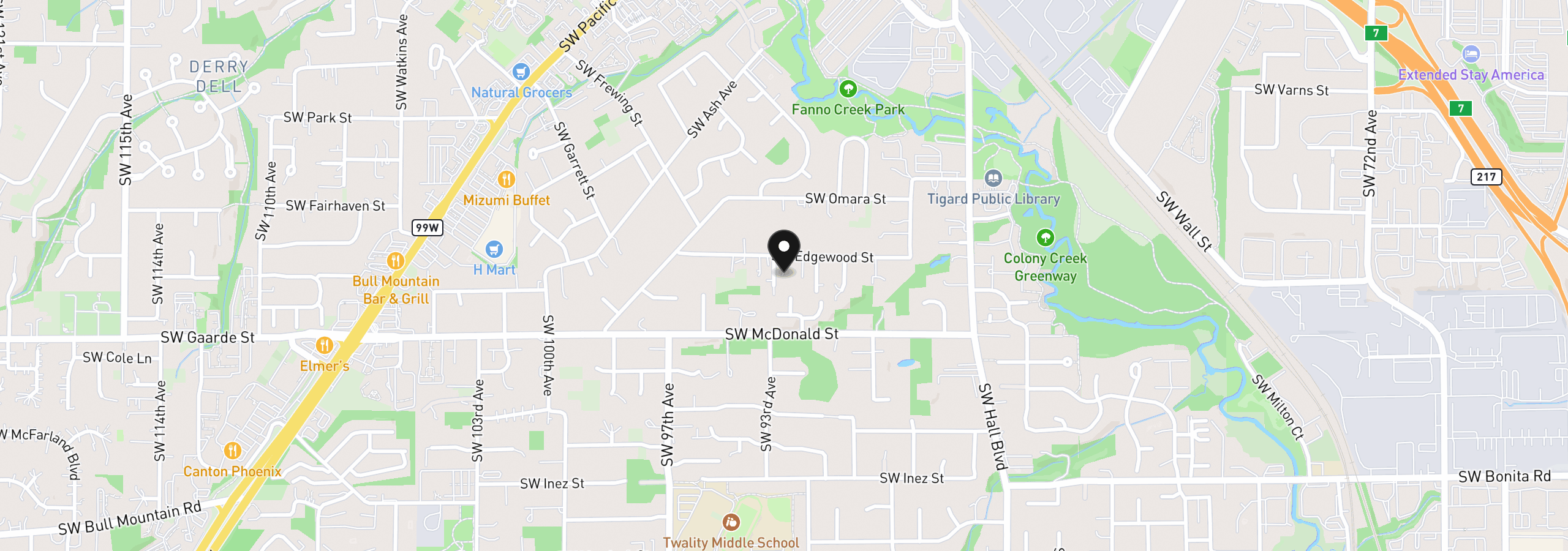 Map showing the location of 9270 SW Edgewood St, Portland, OR 97223