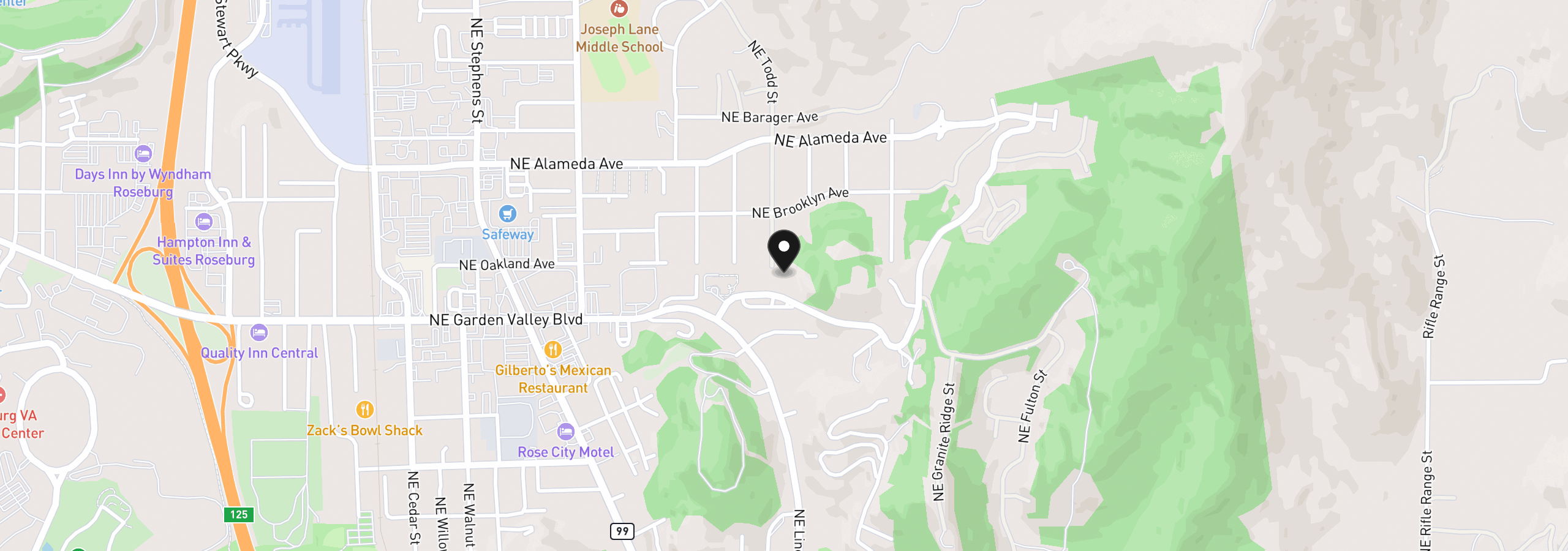 Map showing the location of 1452 NE Rocky Ridge Dr, Roseburg, OR 97470