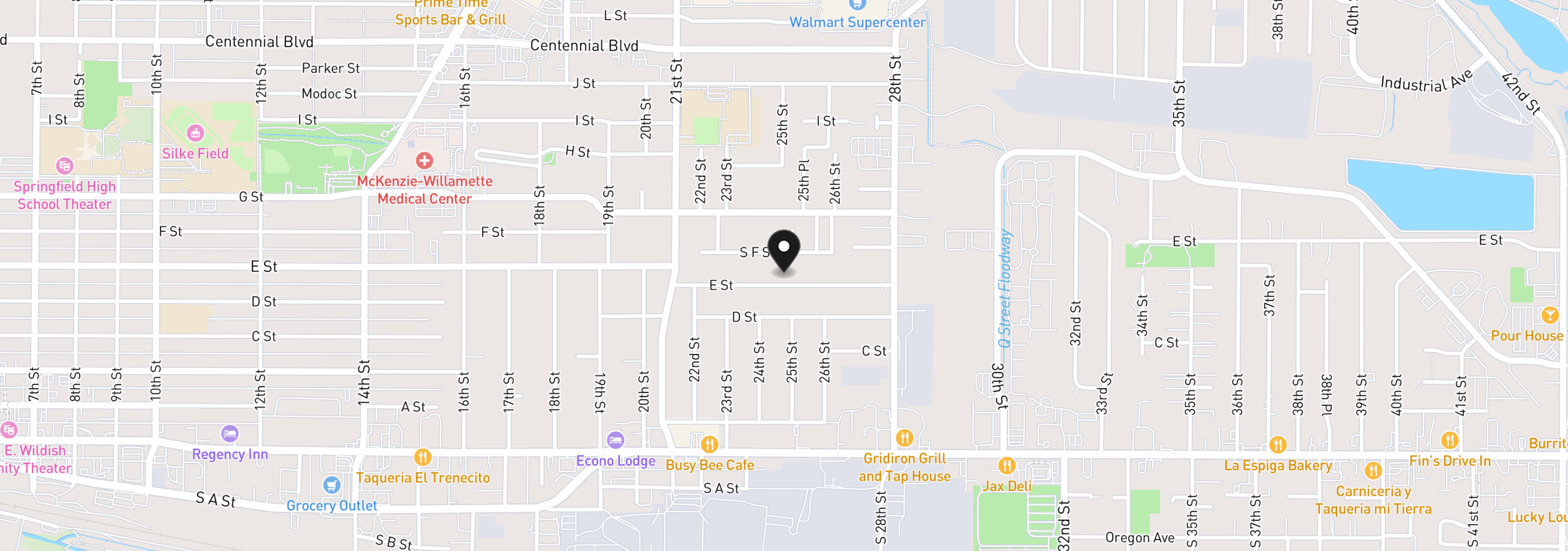 Map showing the location of 2460 E St, Springfield, OR 97477