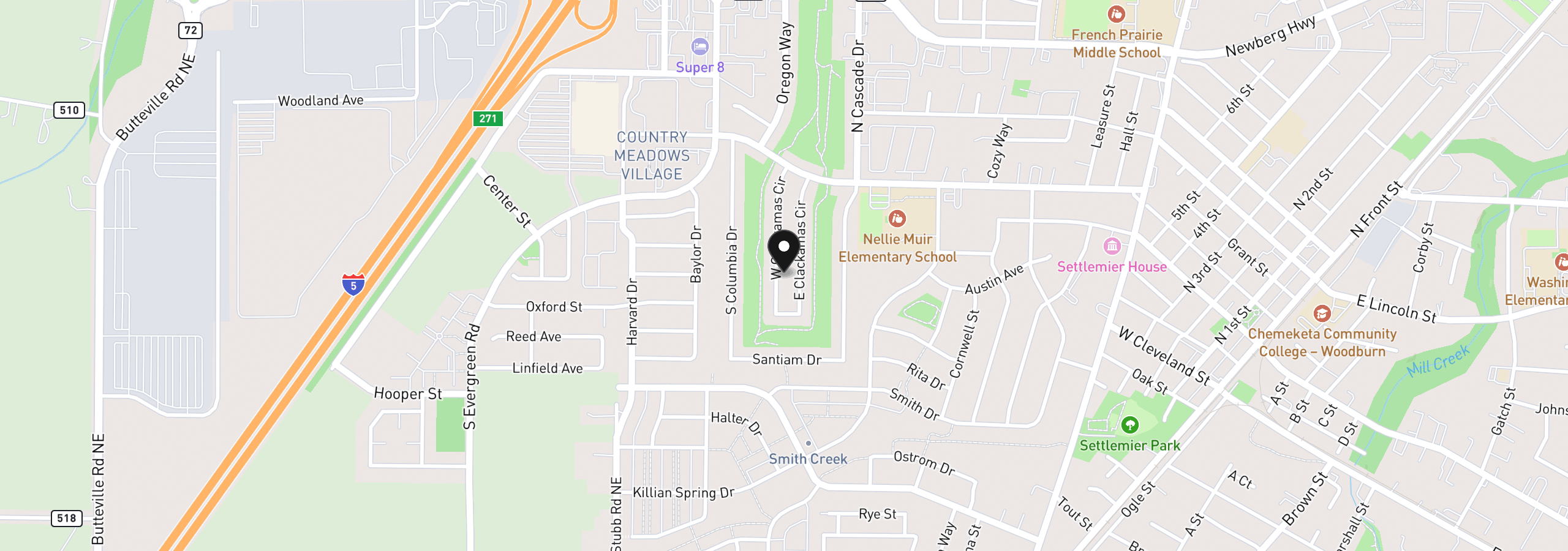 Map showing the location of 540 W Clackamas Cir, Woodburn, OR 97071